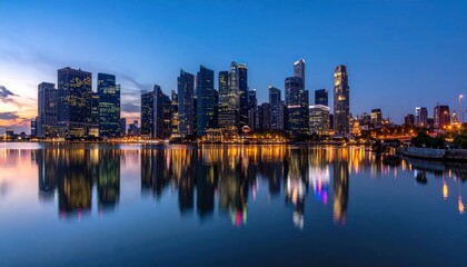 Fototapeta premium Modern city skyline reflecting in calm harbor at night.