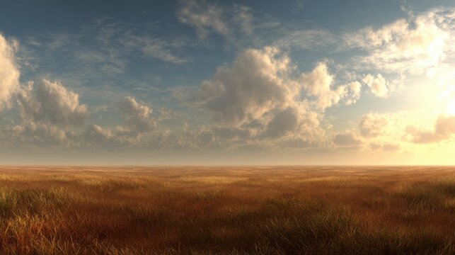 Wide Open Grassland Under Dramatic Sky with Golden Sunlight