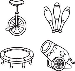 Circus acrobatics equipment and unicycle line art set © Nguyen