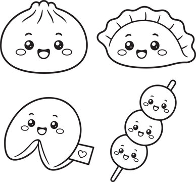 Cute kawaii asian food dim sum line art coloring set