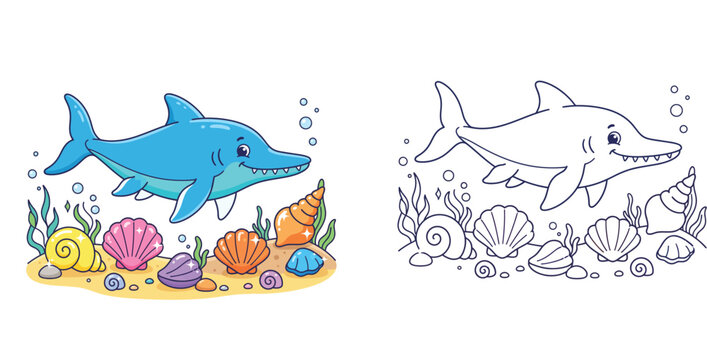 Cute Cartoon Ichthyosaur Prehistoric Marine Reptile with Colorful Seashells Vector