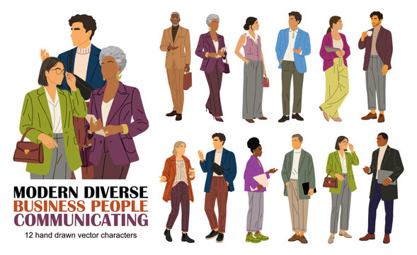 Diverse business professionals engage in lively conversations. Colors pop, showing modern, confident, active personalities. People smile, nod, or gesture - all in professional attire