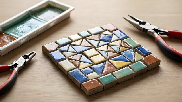 Colorful mosaic pattern taking shape from ceramic tesserae