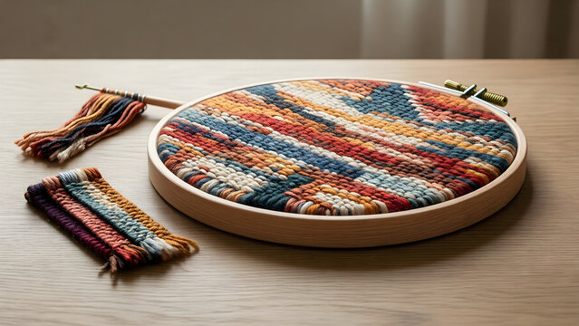 Rug hooking frame filled with a bold wool pattern