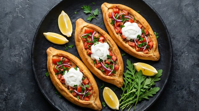 Turkish pide breads with tomato and herb topping are presented on a dark plate turkishpide