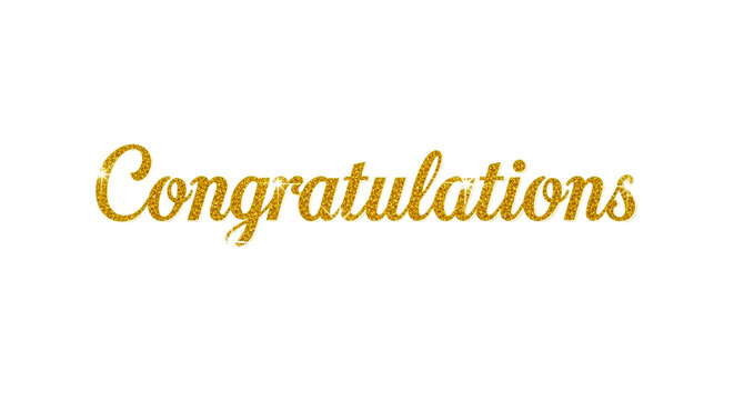 Congratulations text in gold glitter script on white background