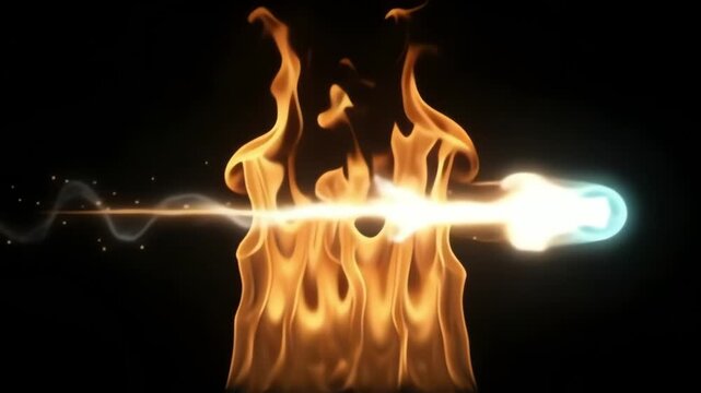 Bright glowing energy orb piercing through tall intense orange fire flames in animated motion video footage
