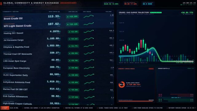 Financial stock market dashboard, global commodity and energy exchange interface, digital trading data with oil price charts and graphs