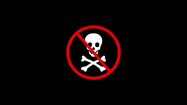 skull of caution Inside Red Prohibition Circle on black background, Dangerous or Restricted Warning Symbol. indicating danger or toxicity, commonly used for hazardous materials. 4k video animation.
