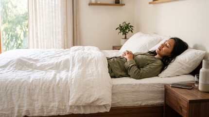 Fototapeta premium Asian woman sleeping peacefully on comfortable bed at home