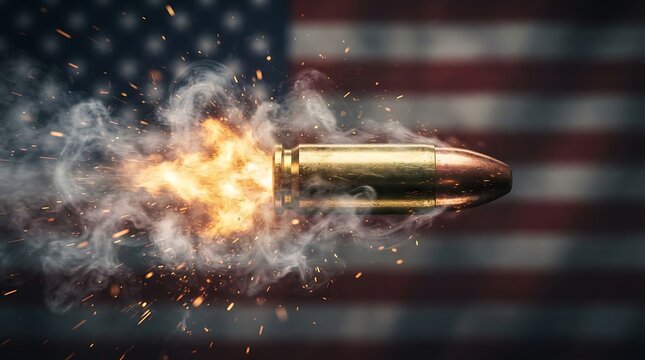 A single golden bullet firing with smoke and sparks on a black background