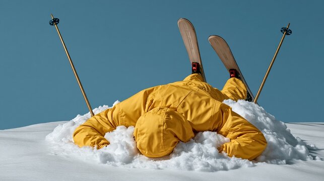 Individual in bright yellow ski suit face down in snow with skis sticking out, clear blue sky in the background, capturing a humorous winter scene