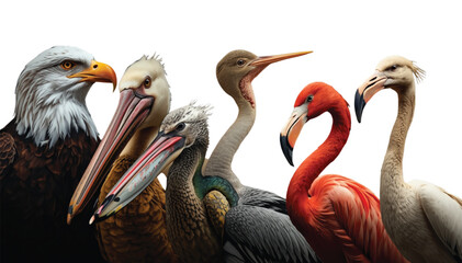 Fototapeta premium Water birds and an eagle stand together closely in a diverse avian wildlife composite portrait isolated against a clean white background.