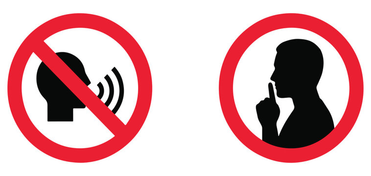 Prohibitory signs with speaking and silencing icons on red circular backgrounds for public silence policy usage vector Illustrator Eps 10.eps