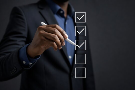 Businessman in a suit checking boxes on a digital checklist with a stylus pen in the office
