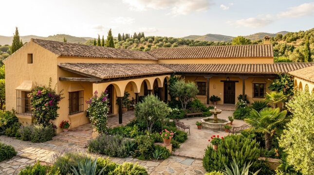 A rustic, yellow-walled building with arched doorways and a tiled roof, surrounded by lush greenery and a clear blue sky.