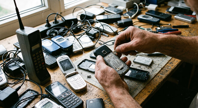 Hands Holding Retro Cell Phone Over Messy Desk Covered in Vintage Mobile Devices and Tangled Cords