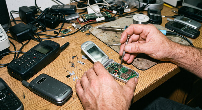 Hands Repairing and Disassembling Retro Flip Phone on Cluttered Wooden Workbench