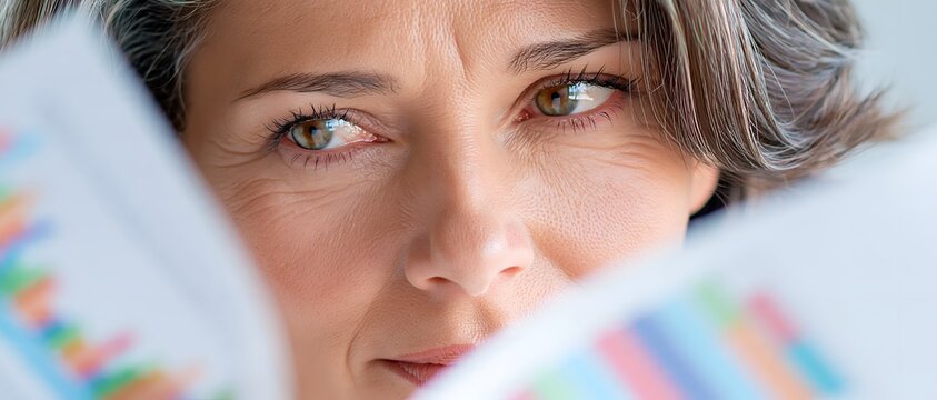 Woman studying graphs with intense focus