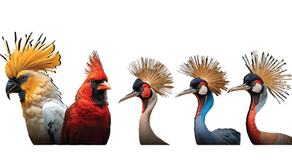 Fototapeta premium Exotic birds portraits stand in a line featuring colorful crests, plumage, and beaks isolated cleanly against a stark white backdrop.