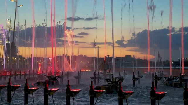Beautiful water musical dancing fountain in Tulcea, Romania, on the banks of the Danube River