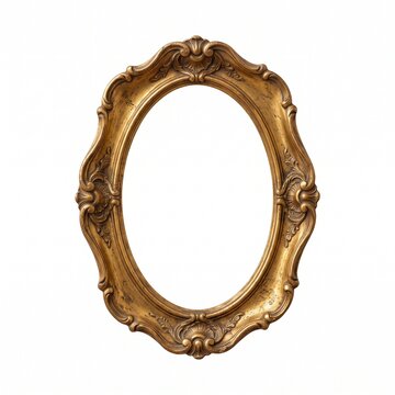 classic vintage gold oval picture frame with ornate scroll embellishments isolated on white background for fine art portrait display