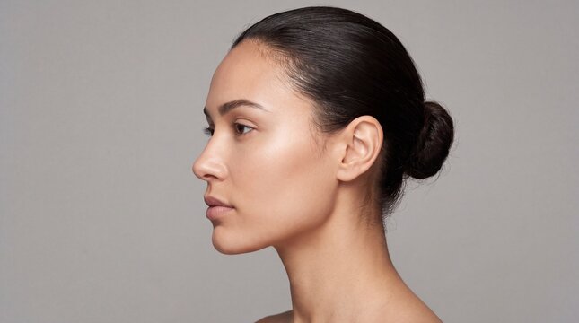 Side profile of a woman with dark hair in a bun against a neutral background with plain gray background tied bun shown