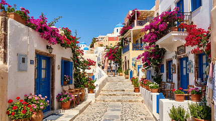 Fototapeta premium Picturesque Mediterranean village street with blooming bougainvillea and blue doors