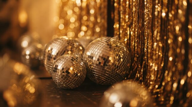 Sparkling silver disco balls on gold tinsel background, festive party decorations with bokeh lights, glamorous holiday celebration scene