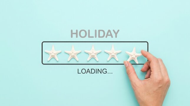 Holiday loading progress bar with starfish, summer vacation countdown concept, creative travel planning on blue background