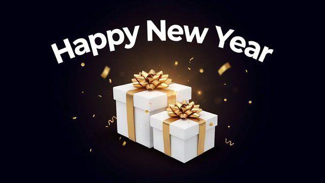Happy new year gift box stack with confetti celebration