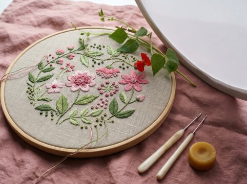 Floral embroidery hoop with needles and pink botanical threadwork