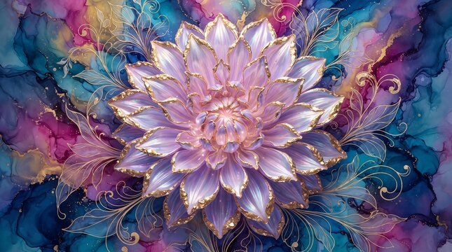 Ethereal lotus flower with gold edges, pink and purple floral bloom, abstract alcohol ink background with golden filigree