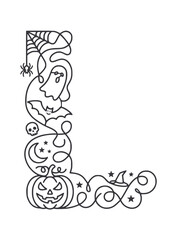Fototapeta premium Halloween monogram letter L with bat ghost and vine ornaments