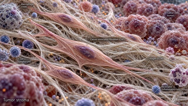 Stromal microenvironment featuring spindle-shaped cancer-associated fibroblasts embedded in dense extracellular collagen matrix with background cancer cells