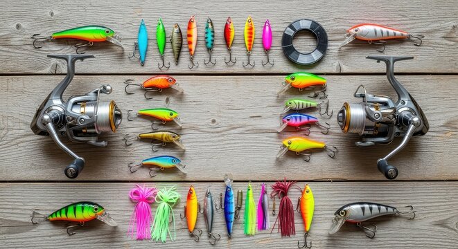 Symmetrical flat lay of angling equipment including reels, vibrant lures, hooks, and fishing line neatly organized on a weathered wood base, set, knolling, tackle