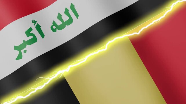 Two waving flags Iraq and Belgium with diagonal lightning seamless, 4k loop