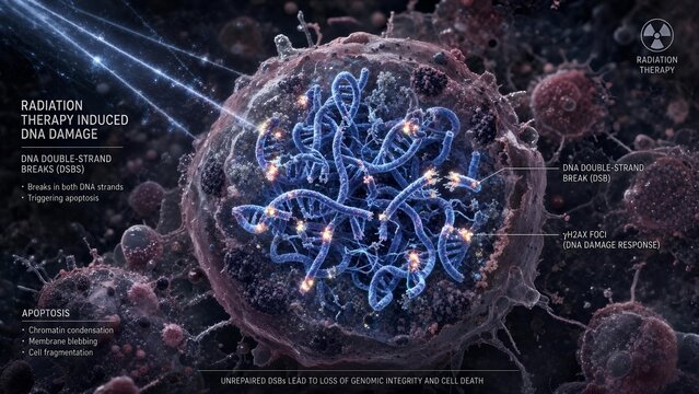 Cancer cell nucleus displaying dna double-strand breaks induced by radiation therapy with signs of apoptosis visible in the surrounding tumor cells