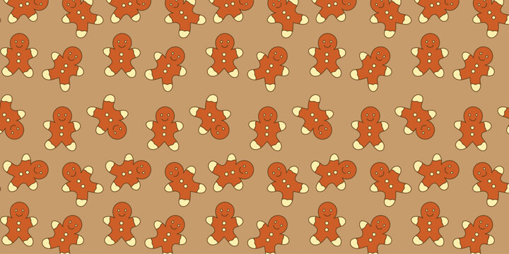 Seamless pattern of gingerbread man cookies on brown background