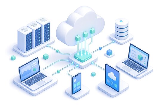 Isometric digital cloud network infrastructure connecting multiple computing devices