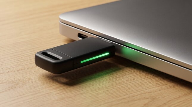 Hardware security key plugged into modern slim laptop computer, close up view of physical authentication dongle glowing green led indicator for two factor authorization and secure data access