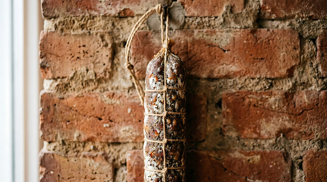 Cured salami hanging on a rustic brick wall