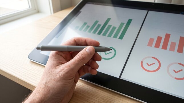 Auditing artificial intelligence model hallucination and algorithmic bias, hand holding stylus pen validating synthetic training datasets on split screen digital analytics dashboard interface