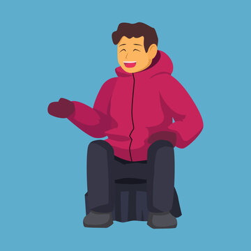 A cheerful cartoon man sitting and gesturing with one hand, wearing a bright pink winter hoodie and gloves.