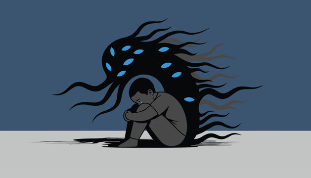 Crying boy curled up on the ground as a dark shadowy monster with multiple glowing blue eyes hovers over him.