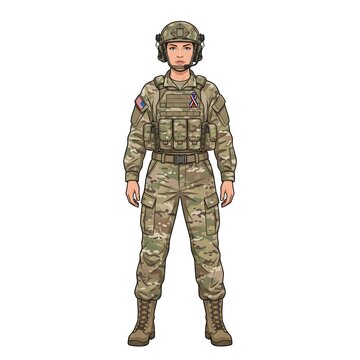 Full body illustration of a male army soldier standing firmly in attention position wearing a modern camouflage military uniform, helmet, tactical vest, and combat boots
