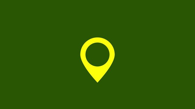 Animated yellow map location pin icon on green background, symbolizing GPS navigation, travel destination, position marker, geographical place, route tracking, and address point concept.