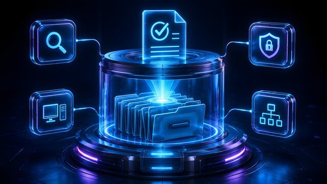 Futuristic Digital Data Management System with Document Processing, Security, Search, and Network Icons