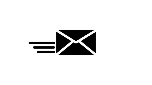 Animated black email envelope icon moving with speed motion lines on white background, symbolizing fast message delivery, email sending, direct communication, and digital contact concept