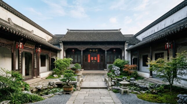 A traditional Chinese courtyard with a wooden pavilion and tiled roof, surrounded by greenery and a stone path.